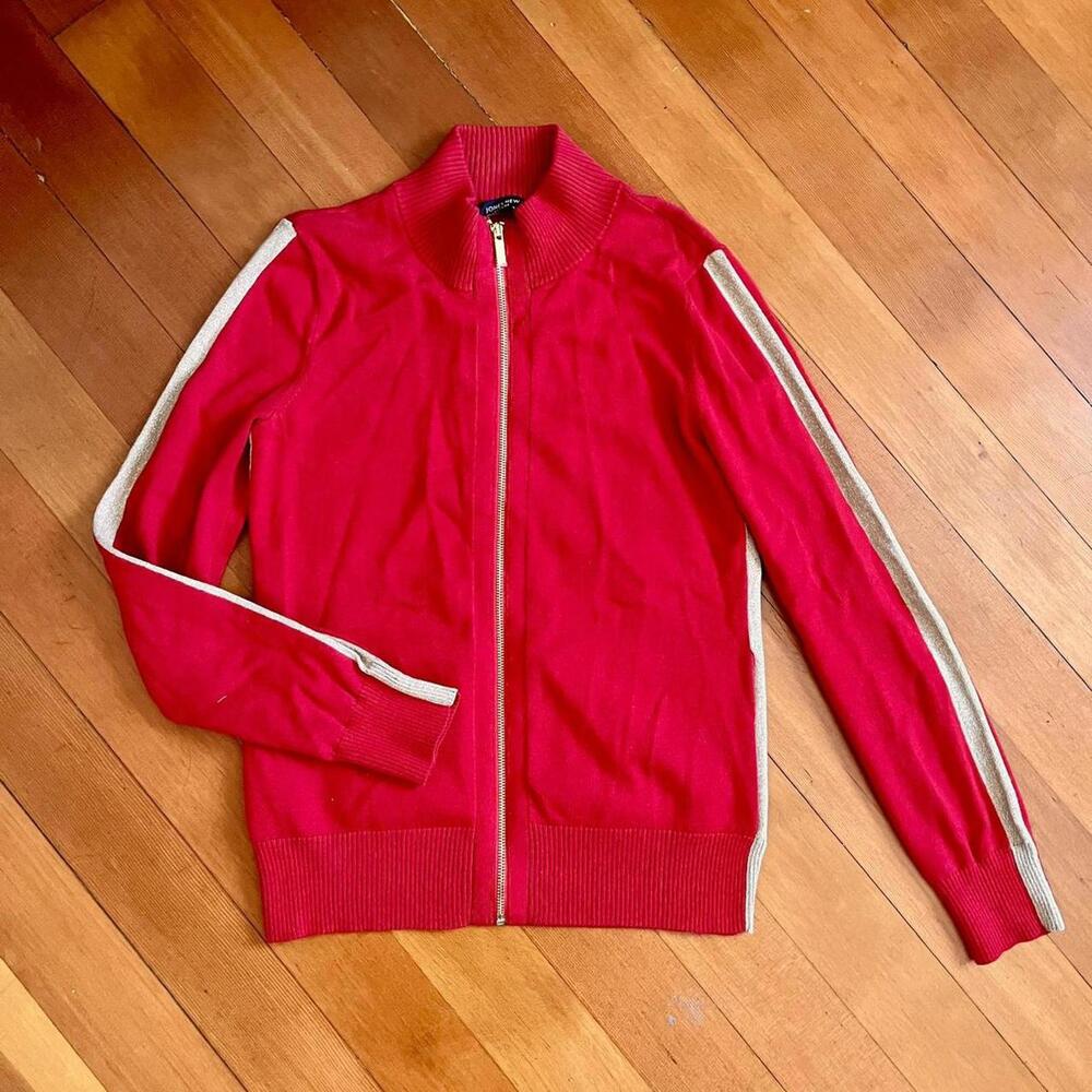 Jones New York Red and Sparkly Gold Striped Sporty Zip-Up Sweater, Size S